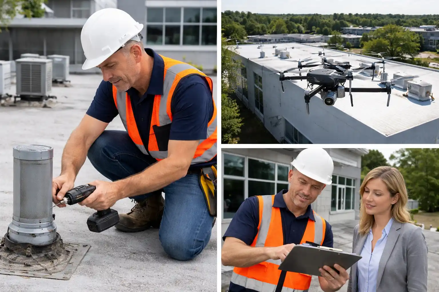 Commercial roofing contractor inspecting roof penetrations, using a drone for roof inspection, and reviewing findings with a property manager in San Diego.