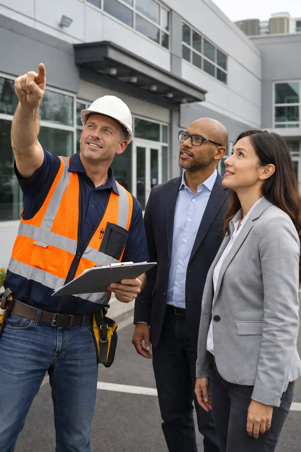 Roofing contractor explaining a commercial roof inspection to business owners outside a commercial building in San Diego