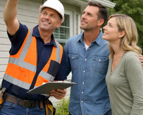 Roofing contractor performing a professional roof inspection with homeowners outside a house in San Diego