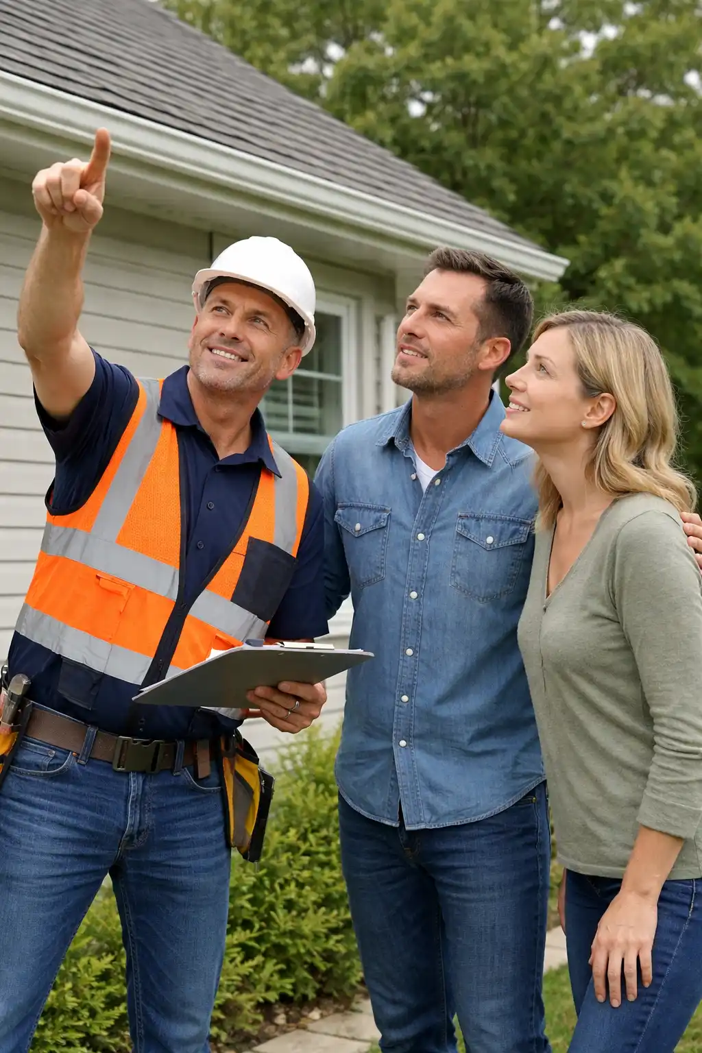 Roofing contractor performing a professional roof inspection with homeowners outside a house in San Diego