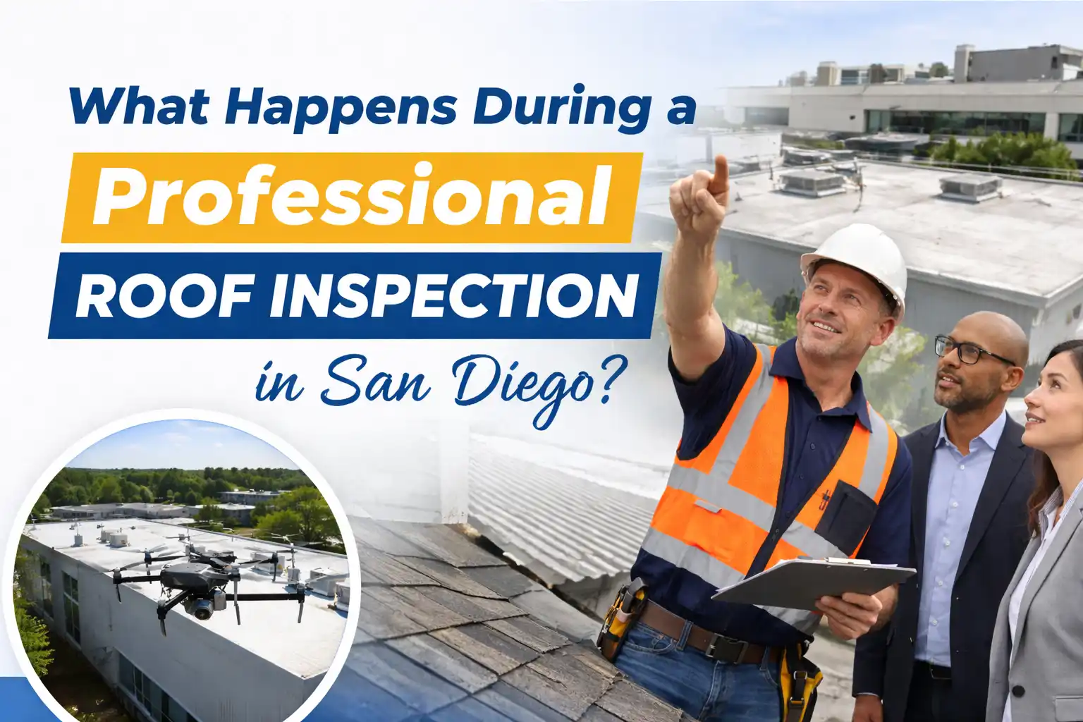A professional roofing contractor explaining a roof inspection to property owners with a drone inspection over a commercial building in San Diego.