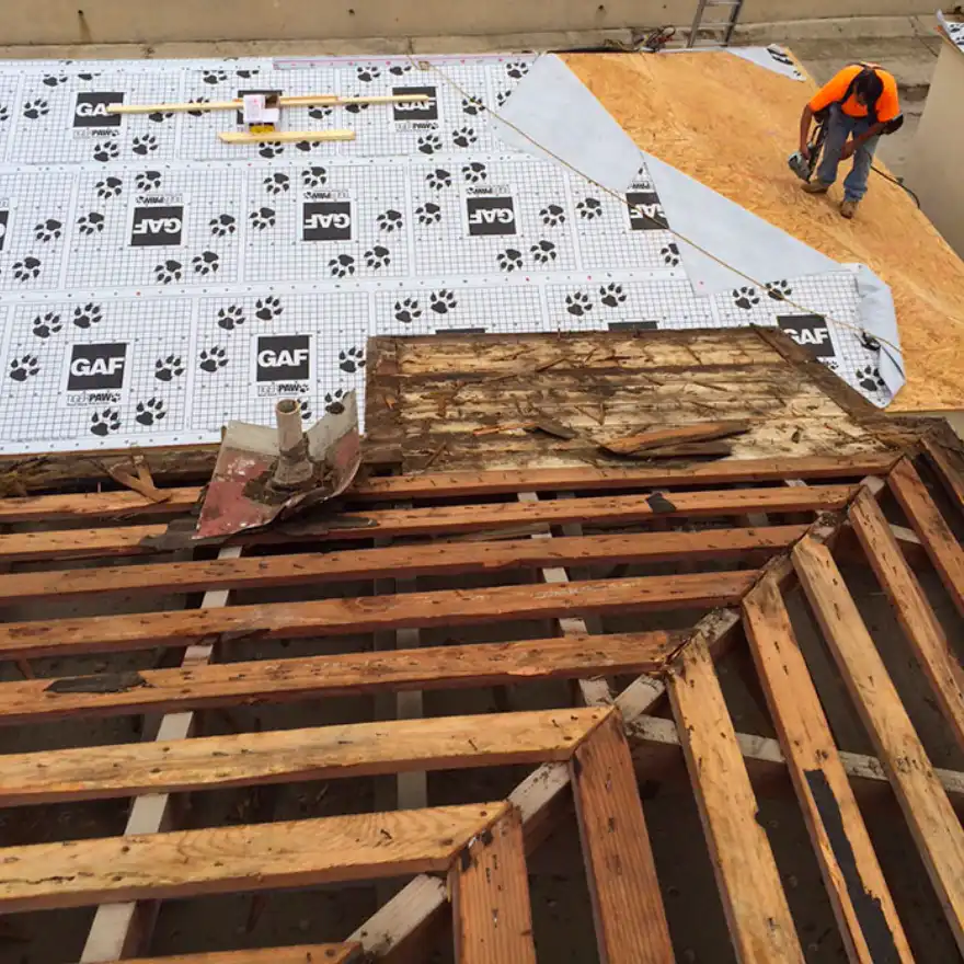roof-repair-encinitas Raindance Roof Tech is installing new decking on a roof in encinitas