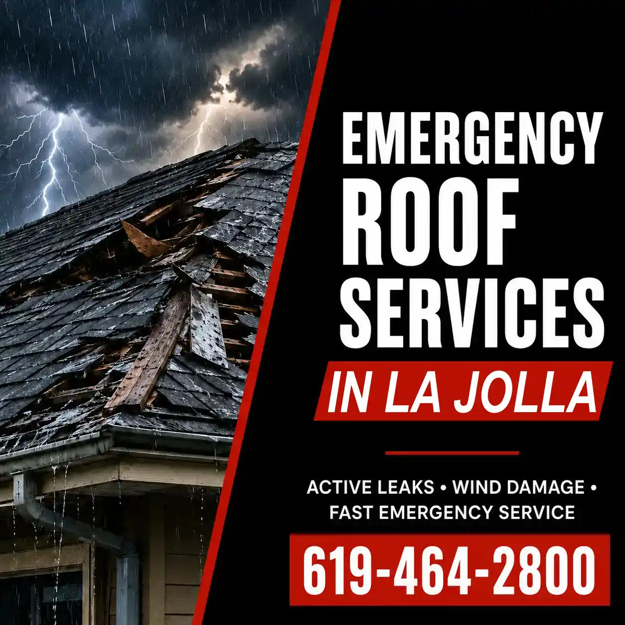 Emergency roof services in La Jolla — active leaks and wind damage, 619-464-2800